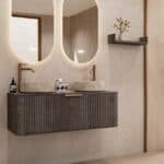 Rond hangend donker eiken wastafelmeubel 120 cm met groevenfront en twee beige marmerlook waskommen