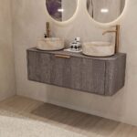 Rond hangend donker eiken wastafelmeubel 120 cm met afgeronde hoeken en twee beige marmerlook waskommen