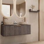Rond hangend donker eiken wastafelmeubel 120 cm met afgeronde hoeken en twee beige marmerlook waskommen