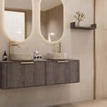 Rond hangend donker eiken wastafelmeubel 140 cm met afgeronde hoeken en twee beige marmerlook waskommen