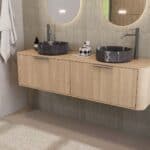 Rond hangend naturel eiken badkamermeubel 160 cm met vlak front, eiken blad en zwart marmer keramische waskom