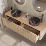 Rond hangend naturel eiken badkamermeubel 160 cm met vlak front, eiken blad en zwart marmer keramische waskom