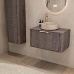 Rond hangend donker eiken badkamermeubel 80 cm met afgeronde hoeken en beige marmerlook waskom