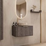 Rond hangend donker eiken badkamermeubel 80 cm met afgeronde hoeken en beige marmerlook waskom