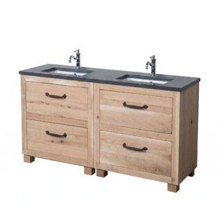Houten badkamermeubel uit massief eiken met een granieten blad en twee onderbouw wastafels