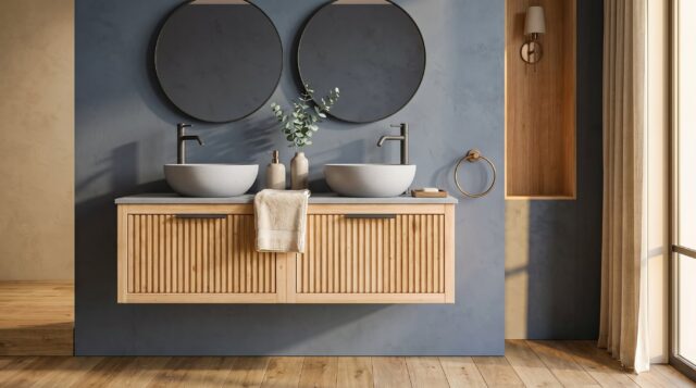 Hangend eiken badkamermeubel 140 cm met twee lades en grijs limestone blad met twee waskommen