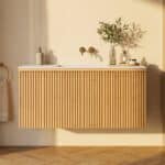 Eiken wastafelmeubel 120 cm met vlak front, binnenlade en geïntegreerde solid surface wastafel