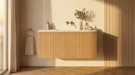 Eiken wastafelmeubel 120 cm met vlak front, binnenlade en geïntegreerde solid surface wastafel