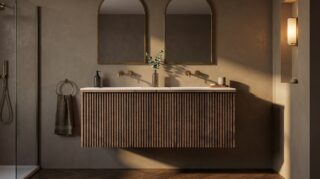 Hangend donker eiken badkamermeubel 140 cm met vlak front, binnenlade en dubbele solid surface wastafel
