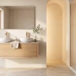 Modern hangend wastafelmeubel 120 cm naturel eiken met één lade en solid surface met 2 waskommen