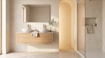 Modern hangend wastafelmeubel 120 cm naturel eiken met één lade en solid surface met 2 waskommen