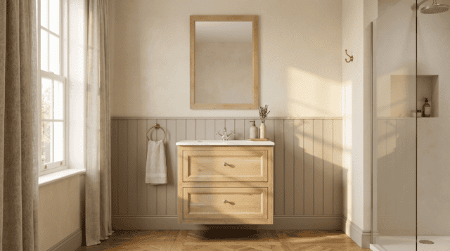 Klassiek hangend badmeubel 80 cm in massief naturel eiken met twee lades en geïntegreerde wastafel