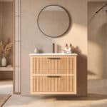 Modern hangend badmeubel 80 cm naturel eiken met groevenfront en twee softclose lades