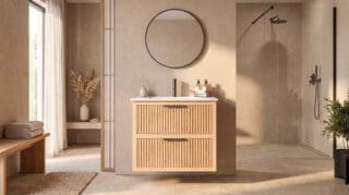 Modern hangend badmeubel 80 cm naturel eiken met groevenfront en twee softclose lades