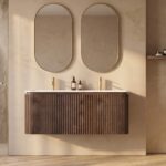 Rond hangend donker eiken badkamermeubel 120 cm met groevenfront en mat wit wastafel met twee waskommen