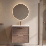 Modern donker eiken badkamermeubel 70 cm met twee lades en mat witte mineraalstenen wastafel
