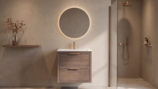 Modern donker eiken badkamermeubel 70 cm met twee lades en mat witte mineraalstenen wastafel