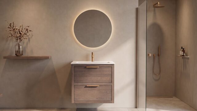 Modern donker eiken badkamermeubel 70 cm met twee lades en mat witte mineraalstenen wastafel