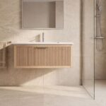 Modern naturel eiken badkamermeubel 100 cm met één lade en mat witte mineraalstenen wastafel