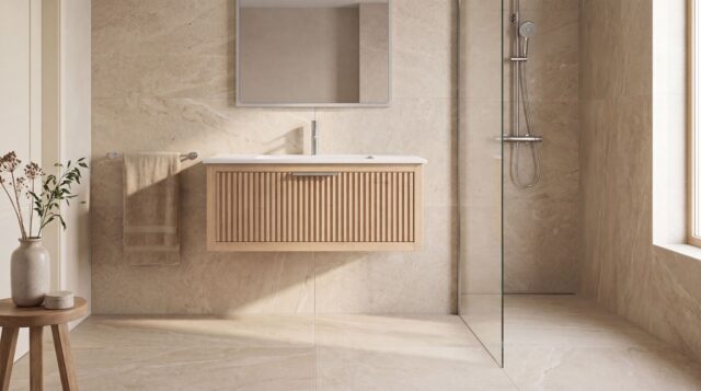 Modern naturel eiken badkamermeubel 100 cm met één lade en mat witte mineraalstenen wastafel