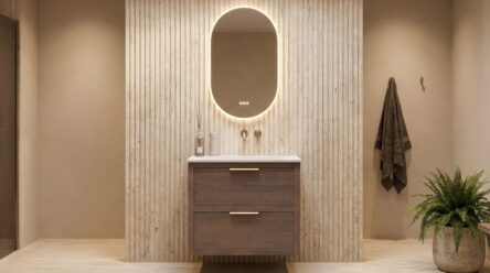 Modern donker eiken badkamermeubel 80 cm met twee lades en mat witte mineraalstenen wastafel