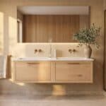 Modern naturel eiken badkamermeubel 140 cm met één lade en mat witte mineraalstenen wastafel