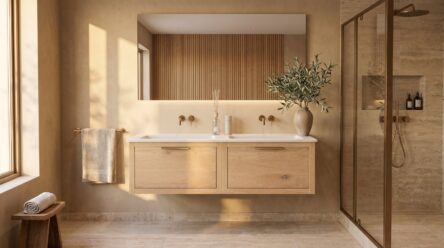 Modern naturel eiken badkamermeubel 140 cm met één lade en mat witte mineraalstenen wastafel