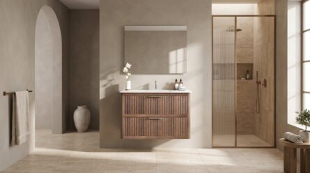 Hangend badkamermeubel 100 cm donker eiken met groevenfront, twee softclose lades en wastafel