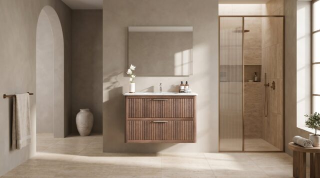 Hangend badkamermeubel 100 cm donker eiken met groevenfront, twee softclose lades en wastafel