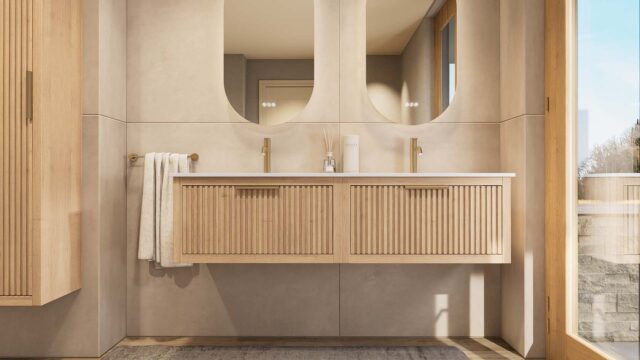 Hangend naturel eiken badkamermeubel 160 cm met één lade en dubbele mat witte mineraalstenen wastafel