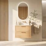 Modern naturel eiken badkamermeubel 80 cm met twee lades en mat witte mineraalstenen wastafel