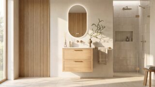 Modern naturel eiken badkamermeubel 80 cm met twee lades en mat witte mineraalstenen wastafel