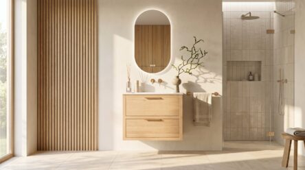 Modern naturel eiken badkamermeubel 80 cm met twee lades en mat witte mineraalstenen wastafel