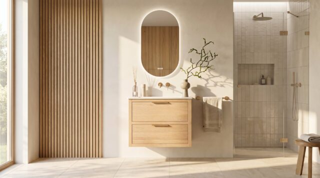 Modern naturel eiken badkamermeubel 80 cm met twee lades en mat witte mineraalstenen wastafel