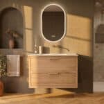 Modern naturel eiken badkamermeubel 100 cm met twee lades en mat witte mineraalstenen wastafel