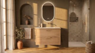 Modern naturel eiken badkamermeubel 100 cm met twee lades en mat witte mineraalstenen wastafel