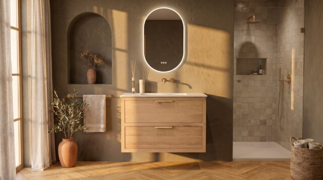 Modern naturel eiken badkamermeubel 100 cm met twee lades en mat witte mineraalstenen wastafel