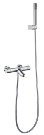 Thermostatische bad/douchekraan in chroom, geleverd als complete set met handdouche, doucheslang en wandhaak. Voorzien van 5 jaar garantie en verkrijgbaar in 6 kleuren. Kenmerkend voor de Toscana serie is het gedraaide reliëf op de bediening: een sub