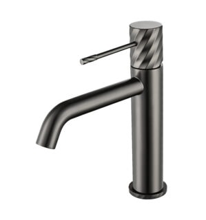 Moderne lage wastafelkraan in black gun metal voor een badmeubel met wastafel, geleverd als complete set inclusief bijpassende clickwaste met duurzame PVD-coating. De clickwaste is een handige pop-up afvoer die je eenvoudig opent en sluit door erop t