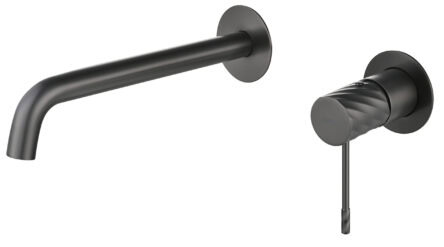 Moderne muurwastafelkraan in black gun metal voor wandmontage boven een wastafel of waskom. Voorzien van een duurzame PVD-coating, 5 jaar garantie en verkrijgbaar in 6 kleuren. Kenmerkend voor de Toscana serie is het gedraaide reliëf op de bediening: