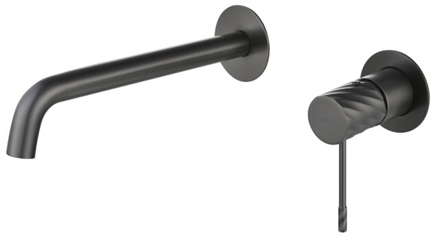 Moderne muurwastafelkraan in black gun metal voor wandmontage boven een wastafel of waskom. Voorzien van een duurzame PVD-coating, 5 jaar garantie en verkrijgbaar in 6 kleuren. Kenmerkend voor de Toscana serie is het gedraaide reliëf op de bediening: