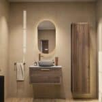 Hangend donker eiken badkamermeubel 80 cm met één lade en grijs limestone blad