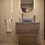 Hangend donker eiken badkamermeubel 80 cm met één lade en grijs limestone blad