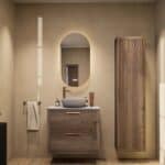 Hangend donker eiken badkamermeubel 80 cm met twee lades en grijs limestone blad