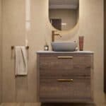 Hangend donker eiken badkamermeubel 80 cm met twee lades en grijs limestone blad