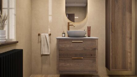 Hangend donker eiken badkamermeubel 80 cm met twee lades en grijs limestone blad