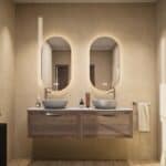Hangend donker eiken badkamermeubel 160 cm met één lade en grijs limestone blad