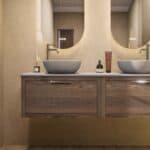 Hangend donker eiken badkamermeubel 160 cm met één lade en grijs limestone blad