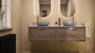 Hangend donker eiken badkamermeubel 160 cm met één lade en grijs limestone blad