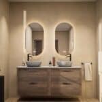 Hangend donker eiken badkamermeubel 160 cm met twee lades en grijs limestone blad